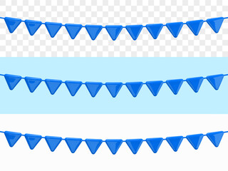 Garland of Blue Flags. Festive party decorative design. Realistic 3d design template in plastic cartoon style. Isolated on transparent, green and white background. 3D Vector illustration