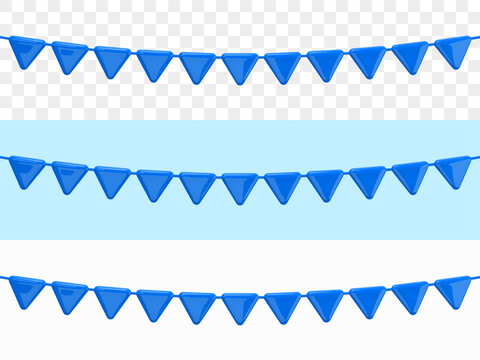 Garland of Blue Flags. Festive party decorative design. Realistic 3d design template in plastic cartoon style. Isolated on transparent, green and white background. 3D Vector illustration