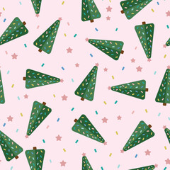 holiday vector christmas trees on pink background seamless pattern