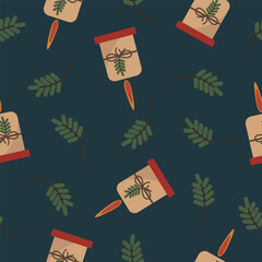 winter vector Christmas candles and fir branches on a green background pattern