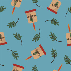 winter vector Christmas candles and fir branches on a blue background pattern