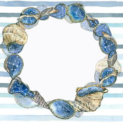 A marine-style frame made of shells and watercolor stripes, hand-drawn. Watercolor illustration.