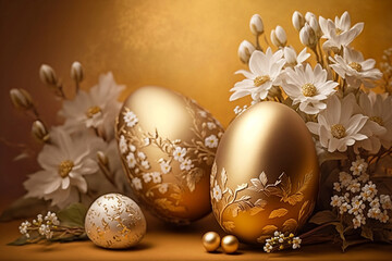 Fototapeta na wymiar Golden easter eggs and white daisies on golden background, Generative AI 