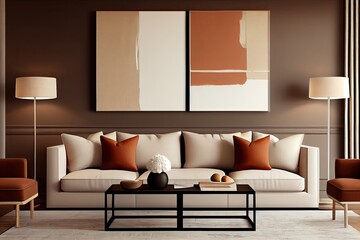 Designer living room interior with huge horizontal abstract painting, based on plaster, minimalist, soft terracotta tones, matte screen printed texture and framed in natural American maple. 