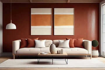 Fototapeta na wymiar Designer living room interior with huge horizontal abstract painting, based on plaster, minimalist, soft terracotta tones, matte screen printed texture and framed in natural American maple. 