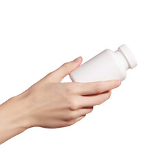Young female hand holding blank white plastic tube on transparent background. Packaging for pills,...