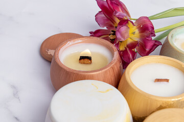 Soy wax candles in plaster candlesticks. Handmade business