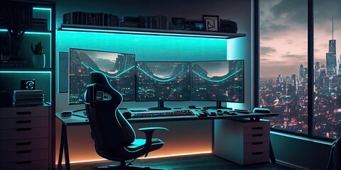 Game room with a computer for cyber gamers. panoramic cityscape outside the window. Generative AI.