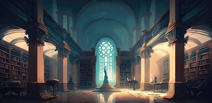 the library building hall interior with lots of books illustration design art