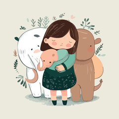 cute little girl hugging animals with vector illustration