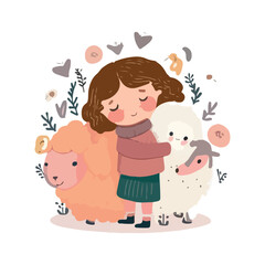 cute little girl hugging animals with vector illustration