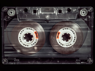 Old vintage cassette tapes on black background.