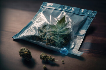 store-bought packaged cannabis zipbag sitting on wooden table made by generative ai