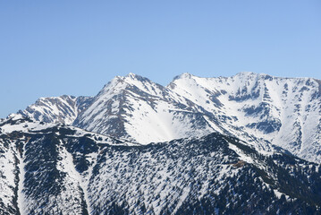 Obraz premium Beautiful view of the snowy mountains with blue sky , no clouds during day in the spring. Spring meadow with snow and knee-timber. West Tatras, Slovakia, Liptovsky Mikulas.