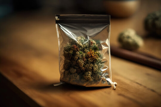 store-bought packaged cannabis zipbag sitting on wooden table made by generative ai
