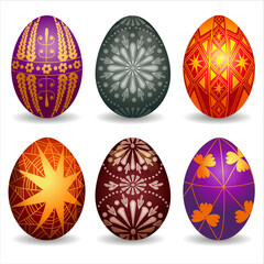 Festive set of Easter colorful eggs with Ukrainian ornament on Easter eggs, a traditional element of the Easter holidays