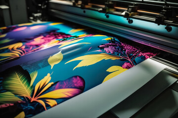 colorful and graphic print emerging from an offset printing press, highlighting the vibrancy and sharpness of the final product, generative ai