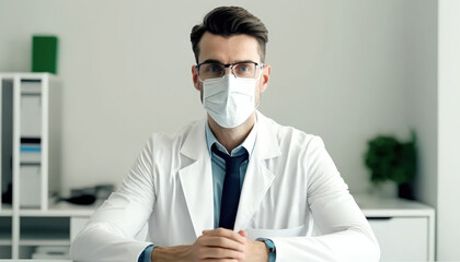 Fototapeta na wymiar close-up caucasian male doctor or scientist in a mask in the office .medicine, profession and science and education concept.health care. generative AI