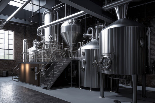 Contemporary beer plant with state-of-the-art brewing kettles and tanks, generative ai