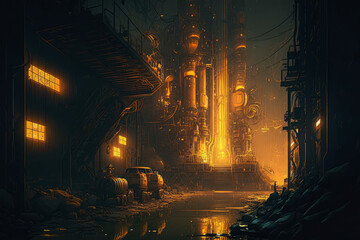 Eerie night scene of an industrial complex, with heavy machinery and pipes illuminated by orange and yellow lights, surrounded by darkness, generative ai