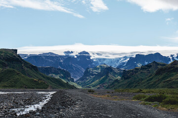 View of amazing landscape in Iceland while trekking famous Laugavegur trail