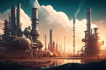 futuristic cityscape with an oil and gas refinery plant at the heart of it, showcasing the essential role the industry plays in our modern way of life, generative ai