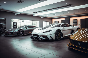 Fototapeta na wymiar High-end luxury car showroom with shiny sports cars, generative ai
