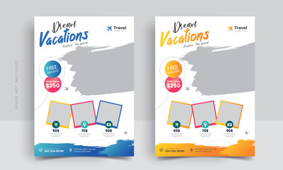Modern poster travel flyer design template bundle. Editable tour poster template with brush stroke set