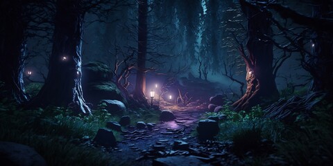 forêt sombre et mystérieuse,  format panoramique - illustration ia
