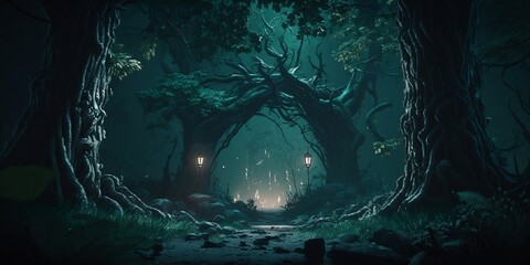 forêt sombre et mystérieuse,  format panoramique - illustration ia - obrazy, fototapety, plakaty