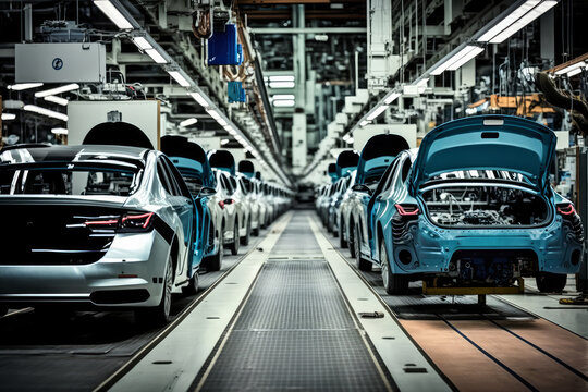 Mass production assembly line of modern cars in a busy factory, generative ai