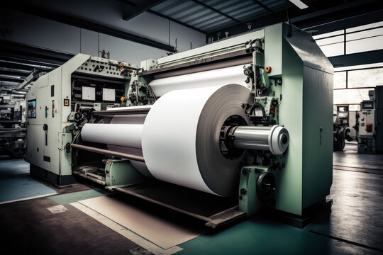Massive industrial printing machine in action, printing high-quality graphics onto large rolls of paper with precision and speed, generative ai
