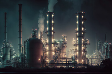 Obraz na płótnie Canvas Oil Refinery Industrial Plant with Illuminated Pipes at Night, generative ai