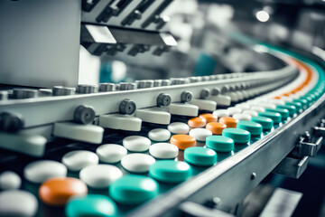 Pharmaceutical Industry's State-of-the-Art Factory with Pills on Conveyor, generative ai