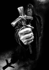The old priest holds a cross in his outstretched hand. Symbol of faith close-up.
