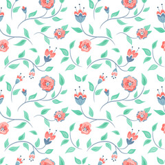 Seamless pattern with pink flowers and green leaves.  Vector color illustration on the  white background.