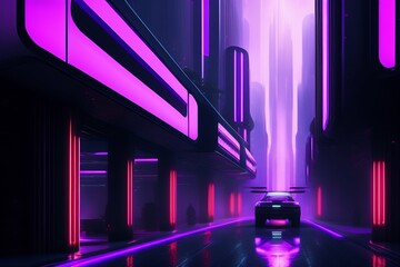 A night of Cyberpunk City with Neon. Street with a car and buildings | Background 3D Illustration