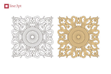 Square Thai Teak Carved Wall Floral Wooden Wall Mount Rustic Wooden Wall Decor Lotus Embossed Panel Wall Art Sculpture. Isolated on white background. Single line vector illustration. wallpaper.