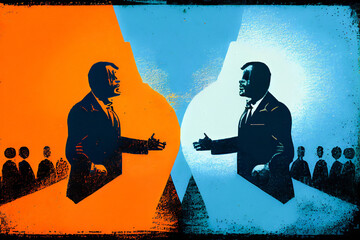 Political debates illustration. Blue and ogange retro style. AI generative