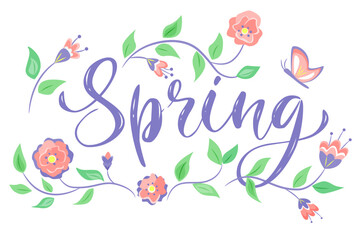 Spring lettering composition with flowers and butterfly. Vector color isolated illustration.