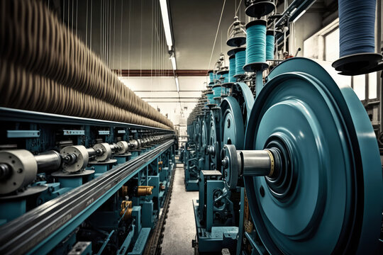 Textile factory machinery in action, producing high-quality fabric for clothing industry, generative ai