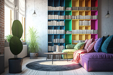Books on multicolor bookshelves in modern interior design. Generative ai.