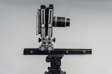 The old lens. Format camera. Cardan camera. Analog camera. Shooting on film or on paper. Retro camera.