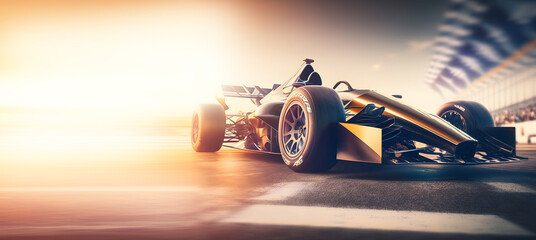 Banner motorsport, Process Competitions of Race car formula on background sunset winner. Generation AI - obrazy, fototapety, plakaty