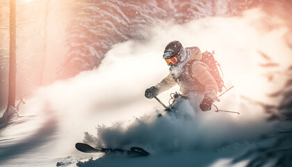 Extreme skiing in forest. Freeride ski in fresh powder snow with sunlight. Winter action photo. Generation AI