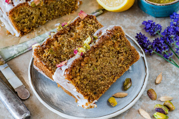Pistachio, cardamom and lemon drizzle cake