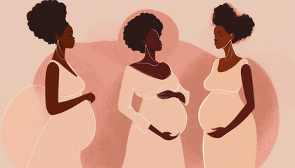 Three beautiful afro pregnant women joyfully embrace their bellies on pink background. Generative AI - 572747055