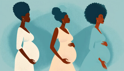 Three beautiful afro pregnant women joyfully embrace their bellies on blue background. Generative AI