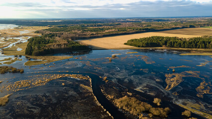Aerial view of the backwaters of the Narew River on a sunny,spring day.