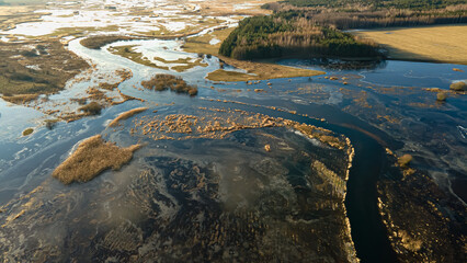 Aerial view of the backwaters of the Narew River on a sunny,spring day.